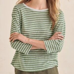 POETRY Kelly Green Stripe 100% Linen Top Sz 14 Nautical Coastal Grandma Relaxed